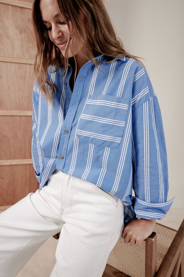 Ceres Life - Oversized Poplin Shirt - Classic Blue Triple Stripe Organic Cotton