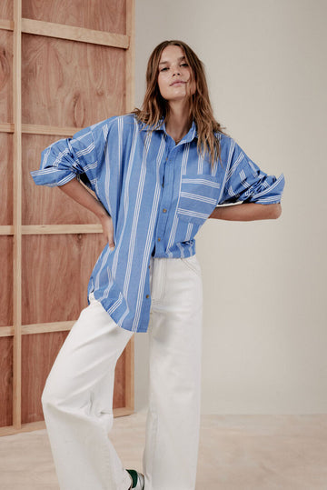 Ceres Life - Oversized Poplin Shirt - Classic Blue Triple Stripe Organic Cotton