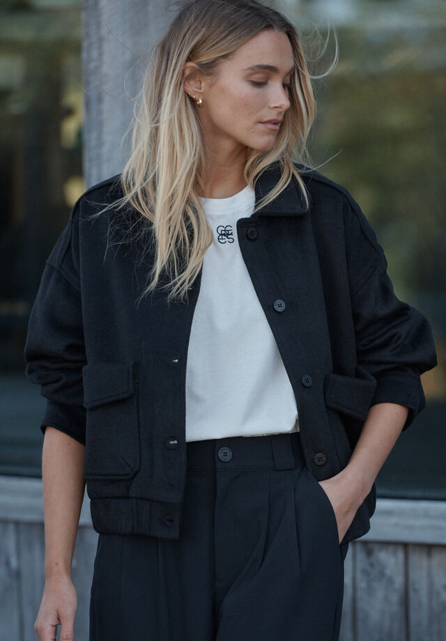 Ceres Life - Relaxed Collared Bomber Jacket - Black Wool Blend