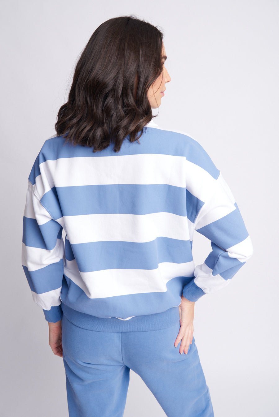 Cloth + Paper + Scissors - Fleece Stripe 1/2 Zip Sweater - Denim Blue/White