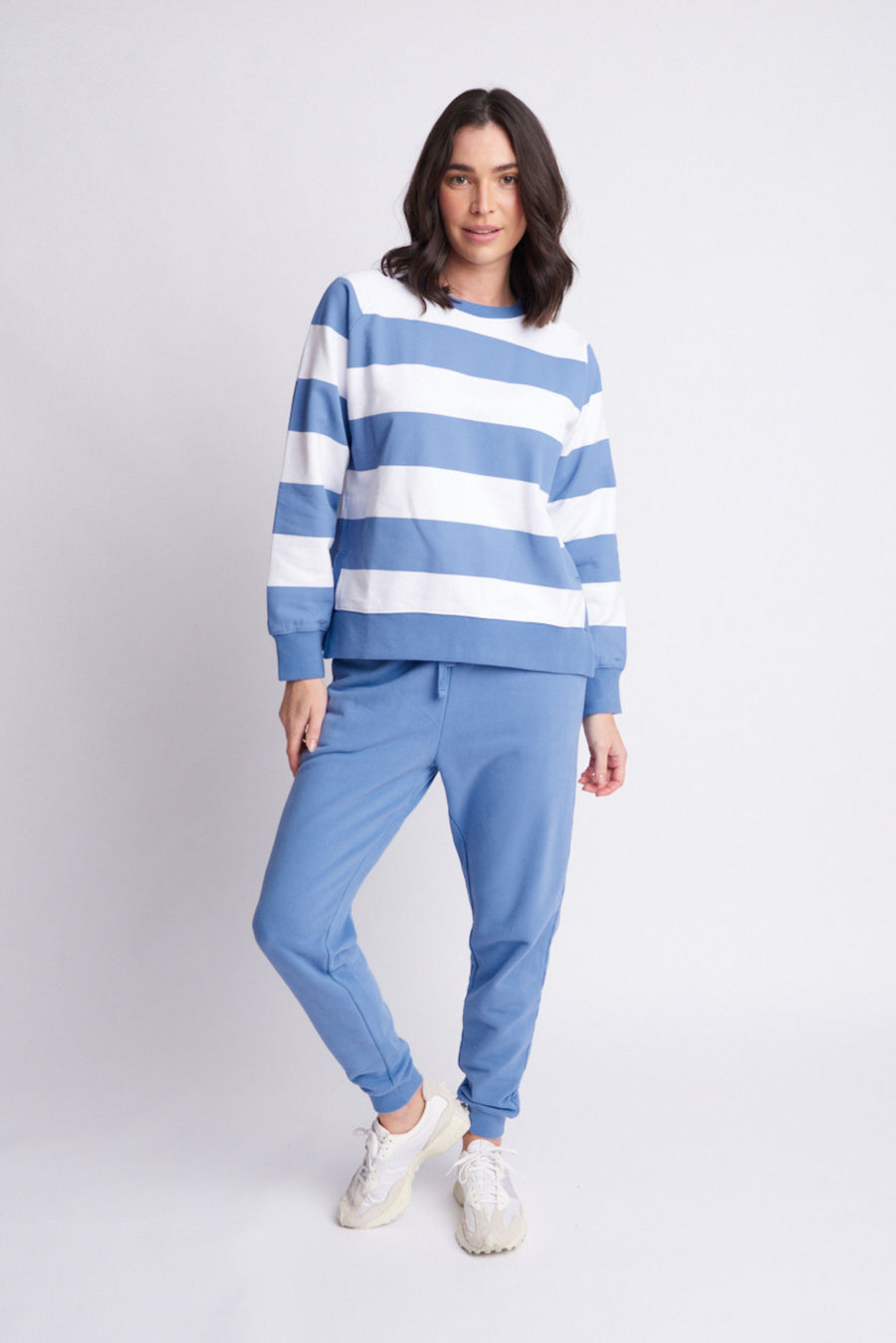 Cloth + Paper + Scissors - Fleece Stripe Side Split Sweater - Denim/Blue