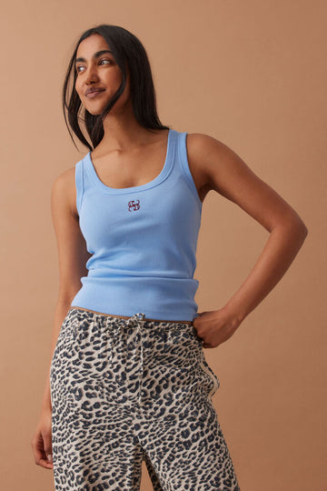 Ceres Life - Organic Contour Rib Scoop Tank - Powder Blue/ Monogram Embroidery
