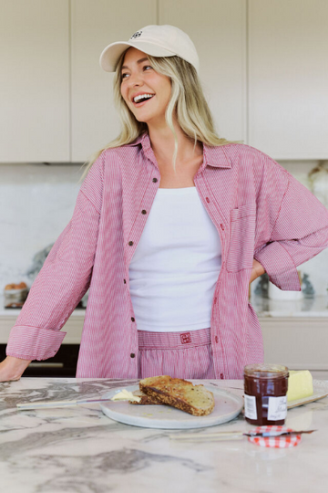 Ceres Life - Peta Oversized Shirt - Burgundy White Narrow Stripe