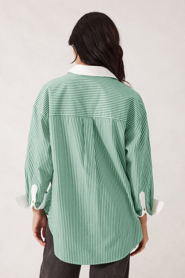 Ceres Life - Peta Oversized Shirt - Kelly Green Stripe + White Collar
