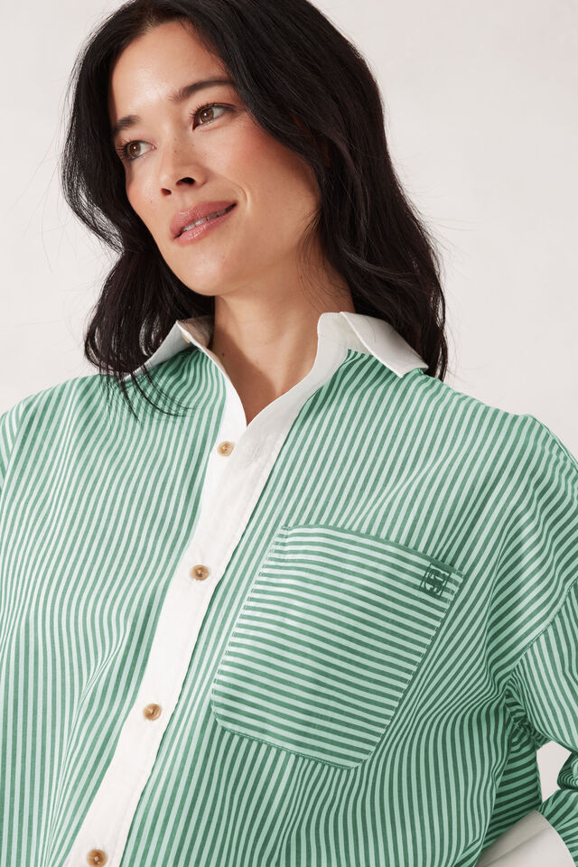 Ceres Life - Peta Oversized Shirt - Kelly Green Stripe + White Collar
