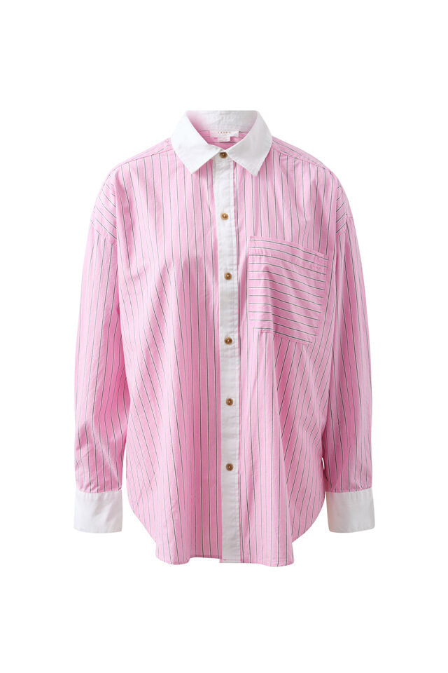 Ceres Life - Peta Oversized Shirt - Hibiscus Pink Triple Stripe White Colour
