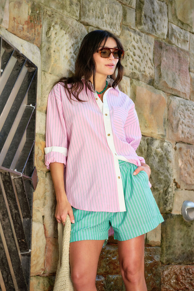 Ceres Life - Peta Oversized Shirt - Hibiscus Pink Triple Stripe White Colour