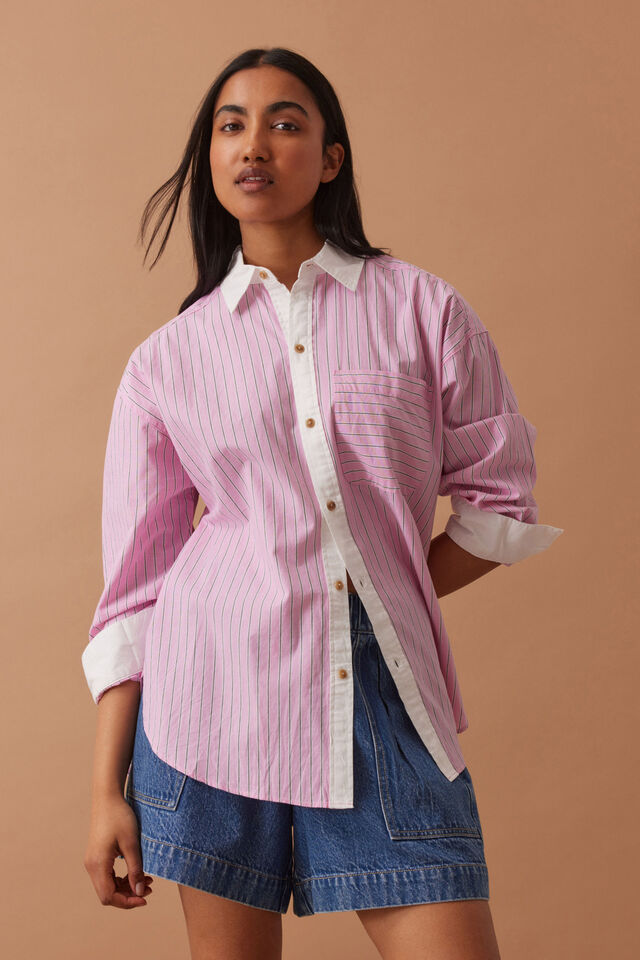 Ceres Life - Peta Oversized Shirt - Hibiscus Pink Triple Stripe White Colour