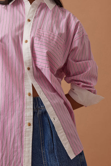 Ceres Life - Peta Oversized Shirt - Hibiscus Pink Triple Stripe White Colour