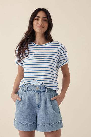 Ceres Life - Slouchy Split Hem Tee - Vanilla/Cobalt Stripe