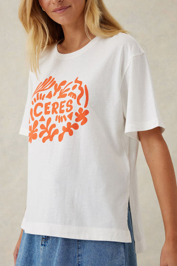 Ceres Life - Slouchy Split Hem Tee - Vanilla/Red Papercut Logo