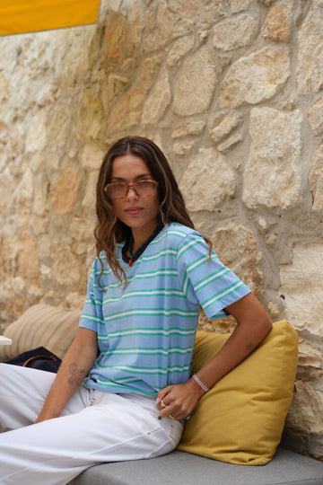 Ceres Life - Stevie Slouchy Tee - Powder/Zesty Green Stripe