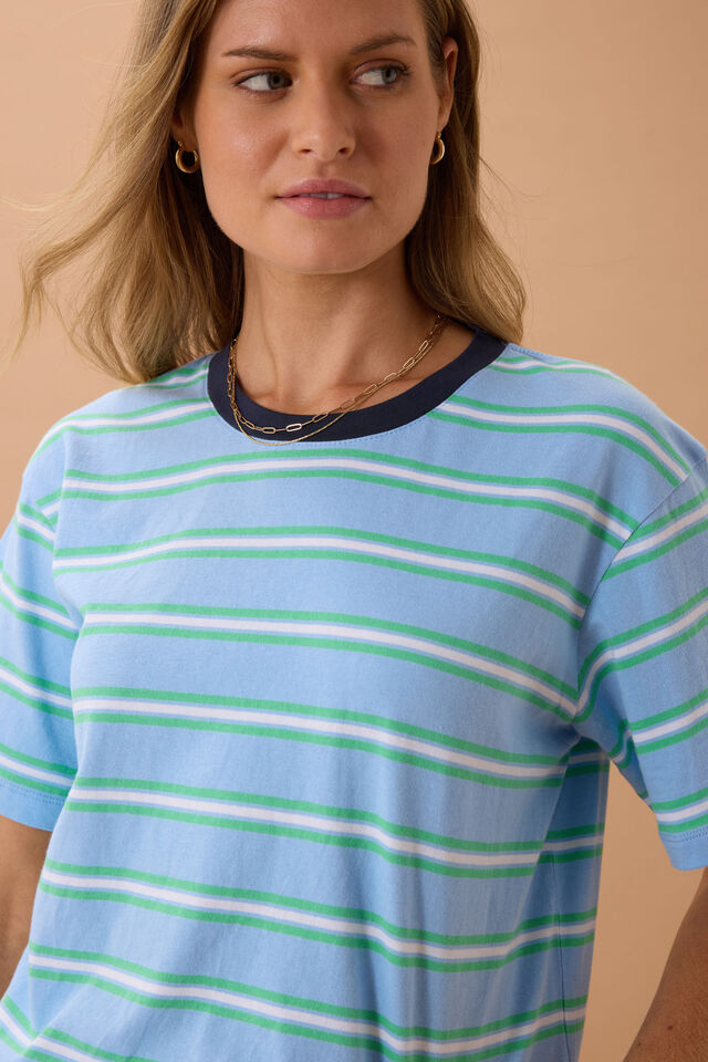 Ceres Life - Stevie Slouchy Tee - Powder/Zesty Green Stripe