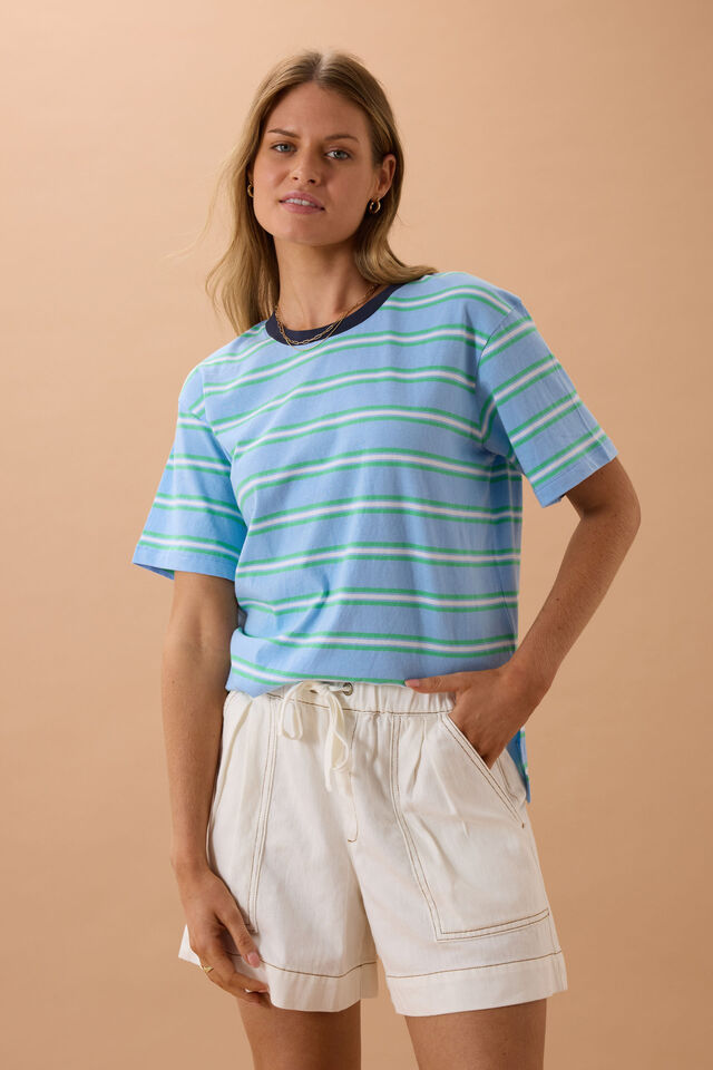 Ceres Life - Stevie Slouchy Tee - Powder/Zesty Green Stripe