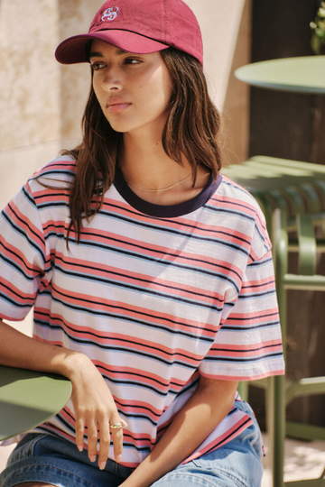 Ceres Life - Stevie Slouchy Tee - Washed Coral/ New Navy Stripe