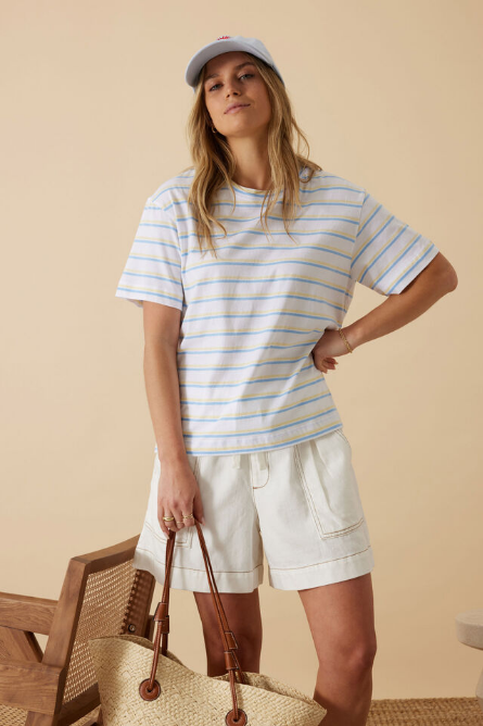 Ceres Life - Stevie Slouchy Tee - Powder Blue/ Sunny Yellow Stripe