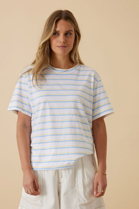 Ceres Life - Stevie Slouchy Tee - Powder Blue/ Sunny Yellow Stripe