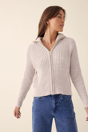 Ceres Life - Zip Collared Rib Organic Cardigan - Oatmeal Twist