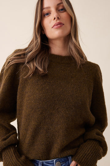 Ceres Life - Puff Sleeve Crew in Alpaca Wool Blend - Olive