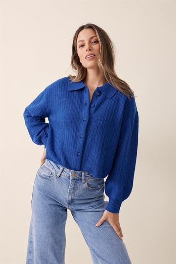Ceres Life - Soft Cropped Collared Cardigan - Cobalt Marle
