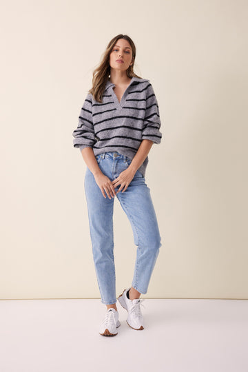 Ceres Life - Collared Knit in Alpaca - Silver Black Stripe
