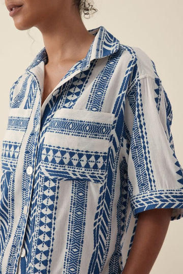 Ceres Life - Resort Boxy Shirt - Natural with navy jacquard organic cotton