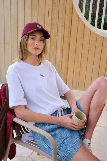 Ceres Life - Lola Longline Step Hem Tee - White/Azure Blue Monogram Embroider