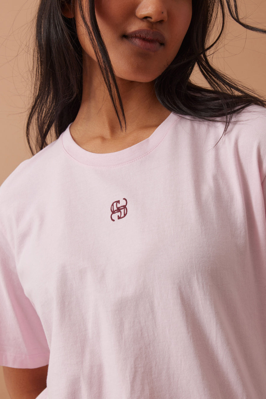 Ceres Life - Lola Longline Step Hem Tee - Sunfaded Pink Monogram Embroidery