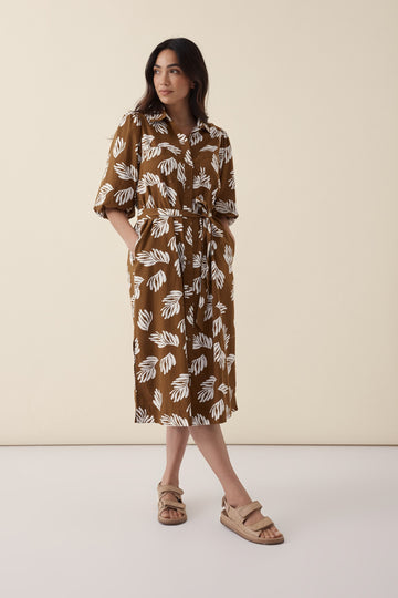 Ceres Life - Puff Sleeve Midi Shirt Dress - Nutmeg Leaf Textured Organic Cotton
