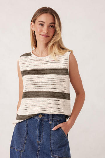 Ceres Life - Mesh Knit Tank - Ecru/ Soft Olive Stripe
