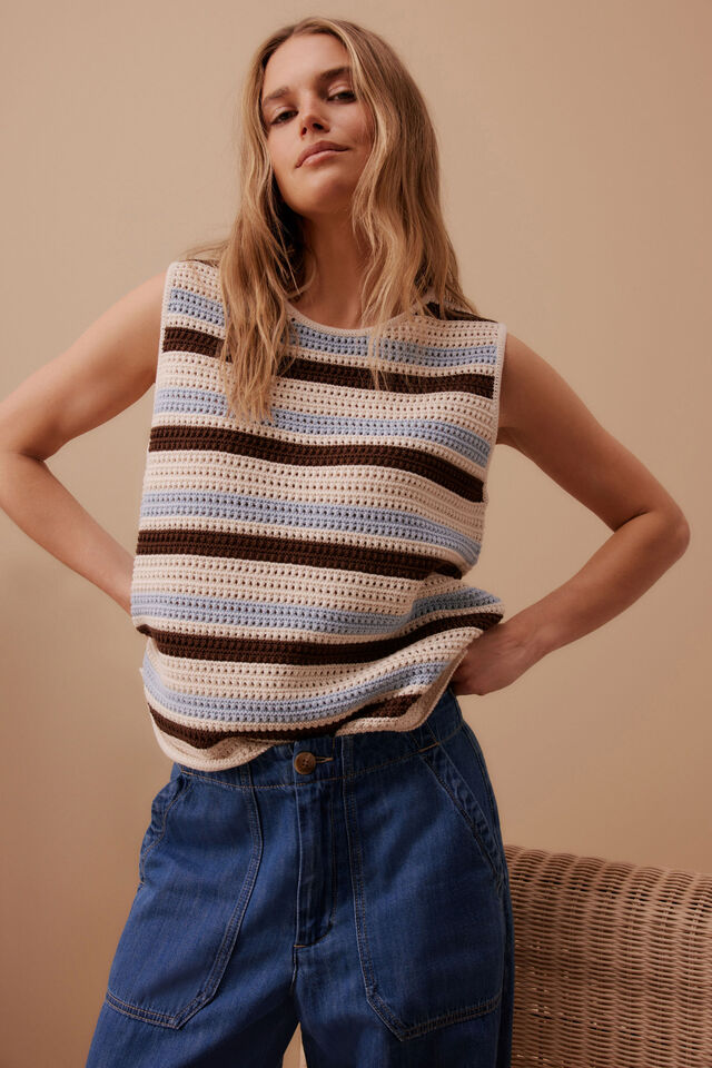 Ceres Life - Margot Mesh Knit Tank -  Ecru /Chalk Choc Stripe