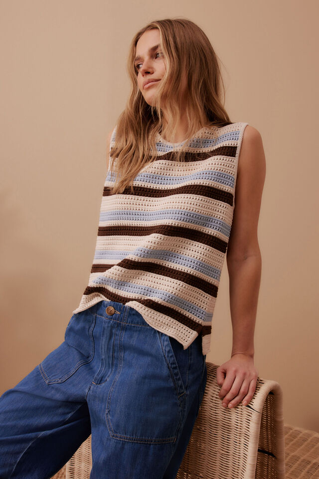 Ceres Life - Margot Mesh Knit Tank -  Ecru /Chalk Choc Stripe