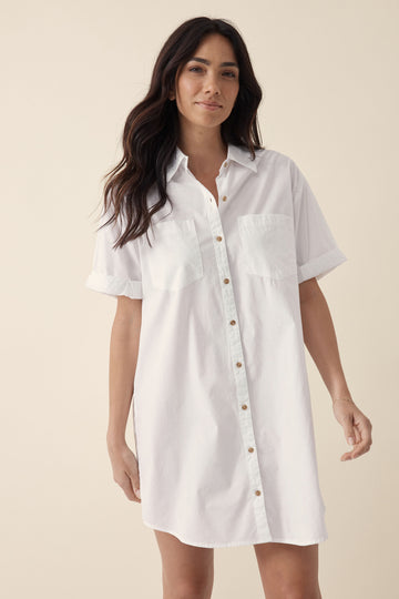 Ceres Life - Rolled Cuff Mini Shirt Dress - White