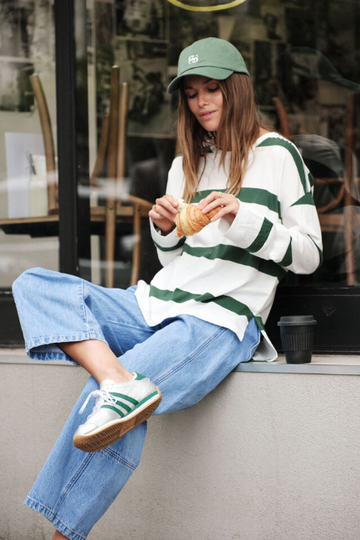 Ceres Life - Slouchy Long Sleeve - Vanilla Pine Green Bold Stripe
