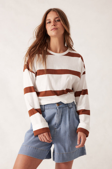 Ceres Life - Slouchy Long Sleeve Tee - Vanilla/ Tobacco Bold Stripe