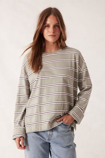 Ceres Life - Slouchy Long Sleeve Tee - Soft Sage Retro Stripe