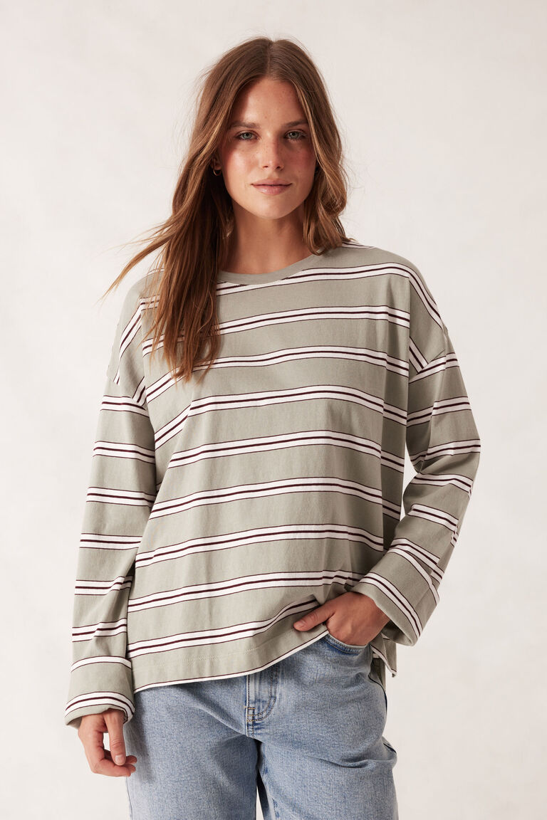 Ceres Life - Slouchy Long Sleeve Tee - Soft Sage Retro Stripe