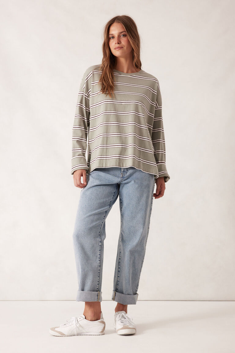 Ceres Life - Slouchy Long Sleeve Tee - Soft Sage Retro Stripe