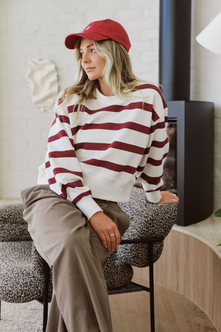 Ceres Life - Cropped Slouchy Crew - Burgundy Stripe