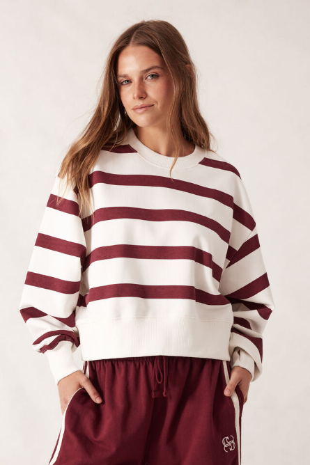 Ceres Life - Cropped Slouchy Crew - Burgundy Stripe