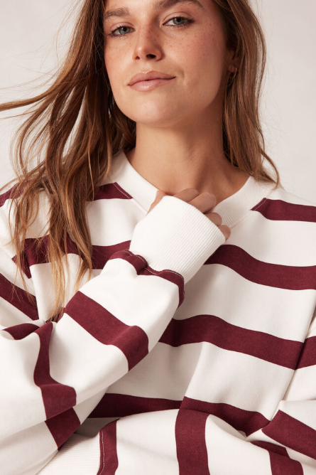 Ceres Life - Cropped Slouchy Crew - Burgundy Stripe