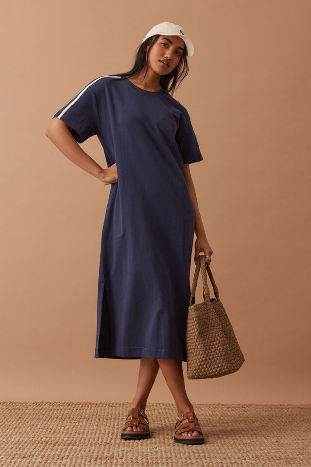 Ceres Life - Charlotte Midi Terry Dress - New Navy Side Stripe
