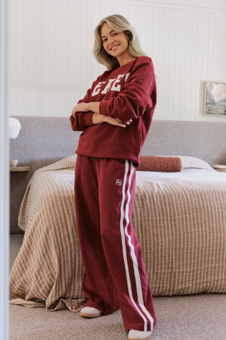 Ceres Life - Wide Leg Terry Track pant - Burgundy Side Stripe
