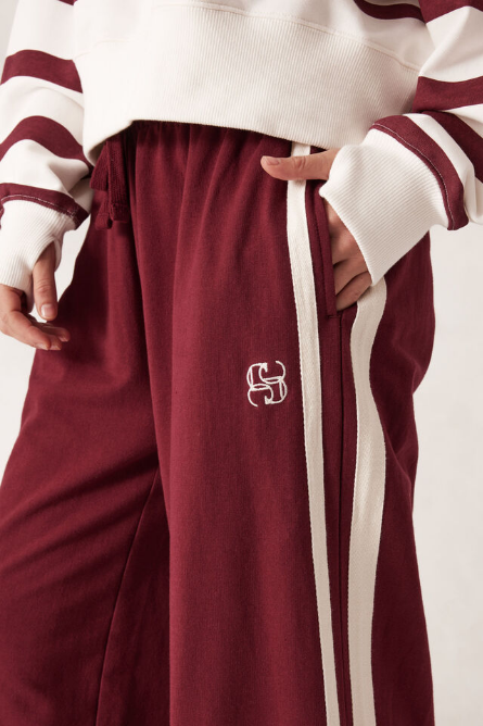 Ceres Life - Wide Leg Terry Track pant - Burgundy Side Stripe