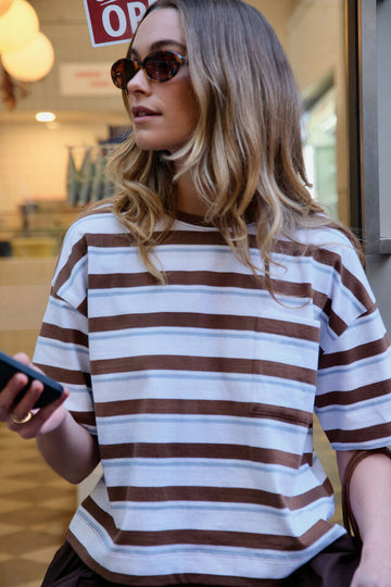 Ceres Life - Boa Boxy Pocket Tee - White/Milk Choc Chalk Stripe