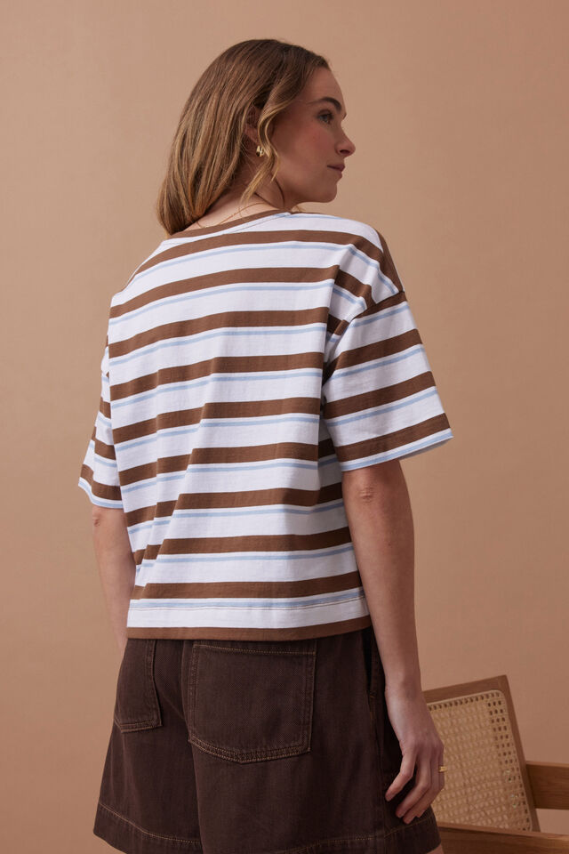 Ceres Life - Boa Boxy Pocket Tee - White/Milk Choc Chalk Stripe