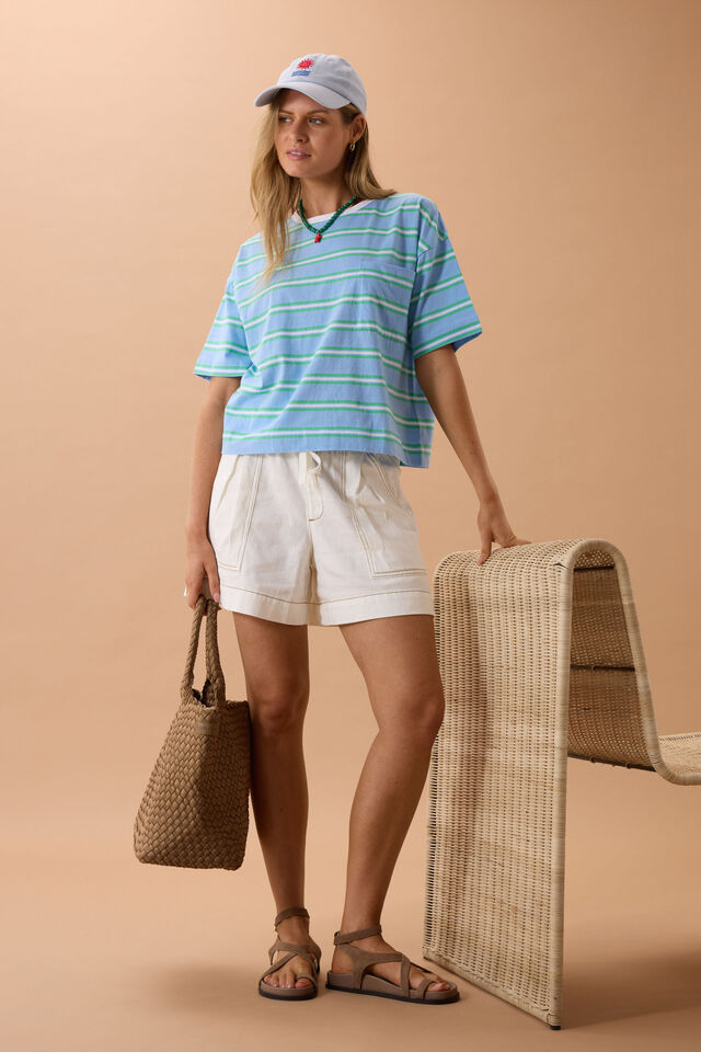 Ceres Life - Boa Boxy Pocket Tee - Powder/Zesty Green Stripe