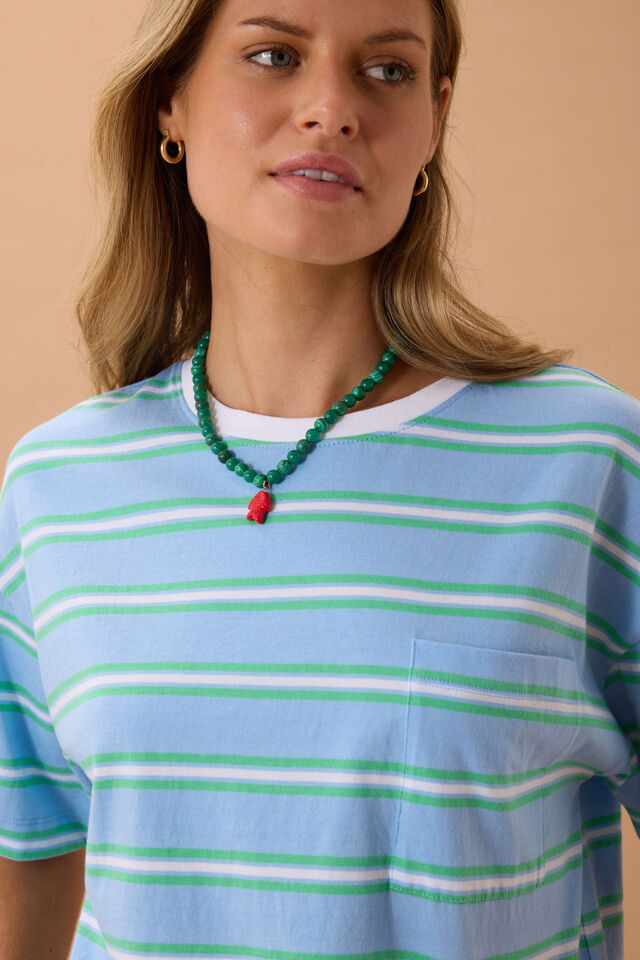 Ceres Life - Boa Boxy Pocket Tee - Powder/Zesty Green Stripe