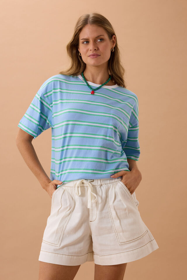 Ceres Life - Boa Boxy Pocket Tee - Powder/Zesty Green Stripe