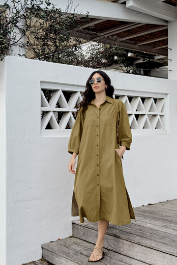 Ceres Life - Midi Shirt Dress - Fig Green Textured Cotton